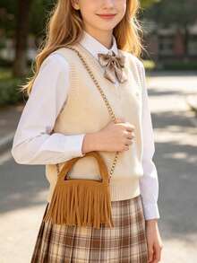 Children's Suede Tassel Handbag, Girls' Vintage Chain Crossbody Small Bag, Baby Stylish Handheld Coin Purse, Suitable For Daily Use - A - View 5