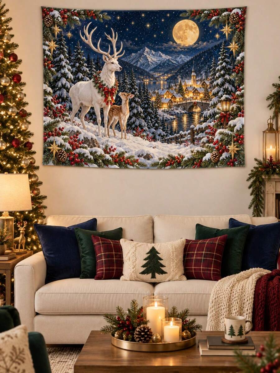 1PC Moonlit Reindeer Christmas Village Horizontal Wall Tapestry, Snowy Forest Deer Holiday Wall Hanging, Faux Ultra-Soft Polyester Single-Sided Print For Living Room Bedroom Decor, Multiple Sizes - Multicolor - View 1