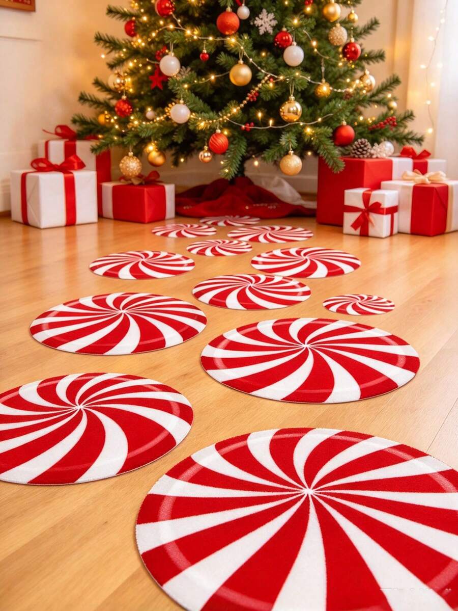 12pcs/1pc Christmas Candy Floor Stickers - Vibrant Red And Green Spiral ...