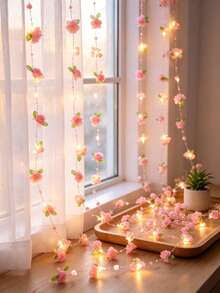 200cm/78.74in LED Pink Pearl String Lights | Pink Rose Design With Green Leaves, Suitable For Valentine's Day, Office Decor, Room Decor, Party, Wedding, Gift And Graduation Ceremony Decoration - Battery Not Included - Green Leaf Rose - View 5