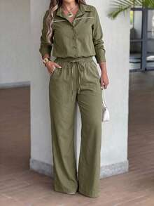 LUNNELUX Combinaison femme automne à col chemise avec passepoil contrasté et jambes larges, tenue décontractée business bureau pour Halloween, rentrée scolaire et retour à l'école - Militaire verte - Voir 8