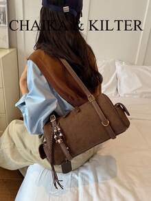 1pc Solid Color Pillow Buckle Suede Fabric Shoulder Bag Suitable For Commuting, Shopping, Etc. (With Pendant) - Coffee - View 13
