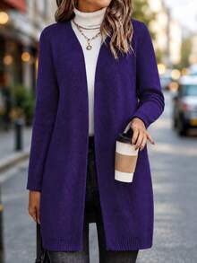 Cardigan Rajut Panjang Sedang Serbaguna untuk Wanita, Model Terbaru Musim Gugur/Dingin, Kasual, dan Cocok untuk Perjalanan Sehari-hari - Purple - View 1