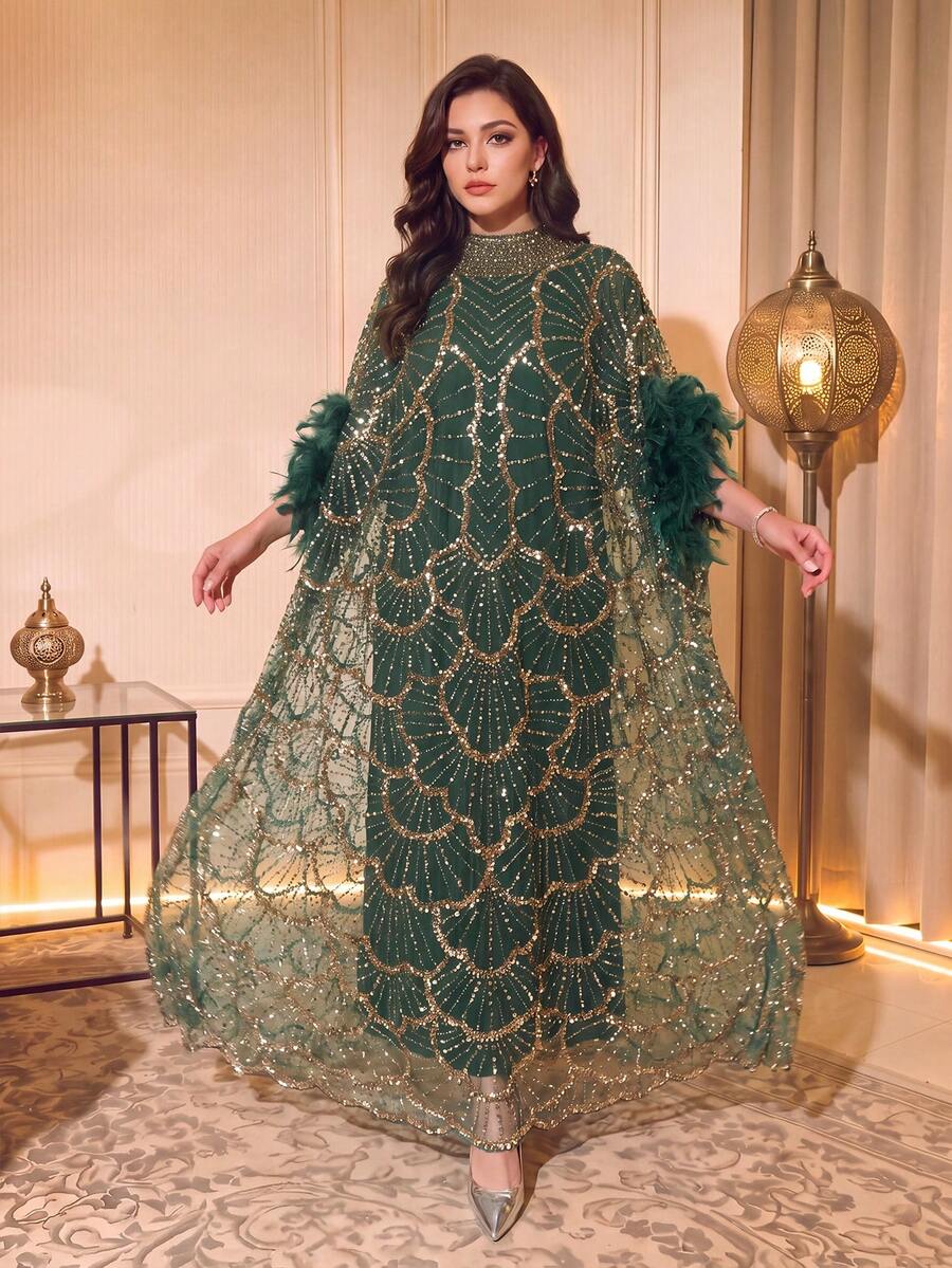 女款翡翠綠金色亮片阿拉伯風禮服,優雅立領披肩袖場合長裙 - 綠色 - 查看 1