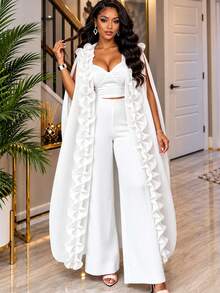 AOMEI Elegant African Two Pieces Pants Set Sash Ruffle Sleeveless Loose Kaftan Cape Wide Leg Pleated Trousers Formal Occasion Party Outfits - White - View 8