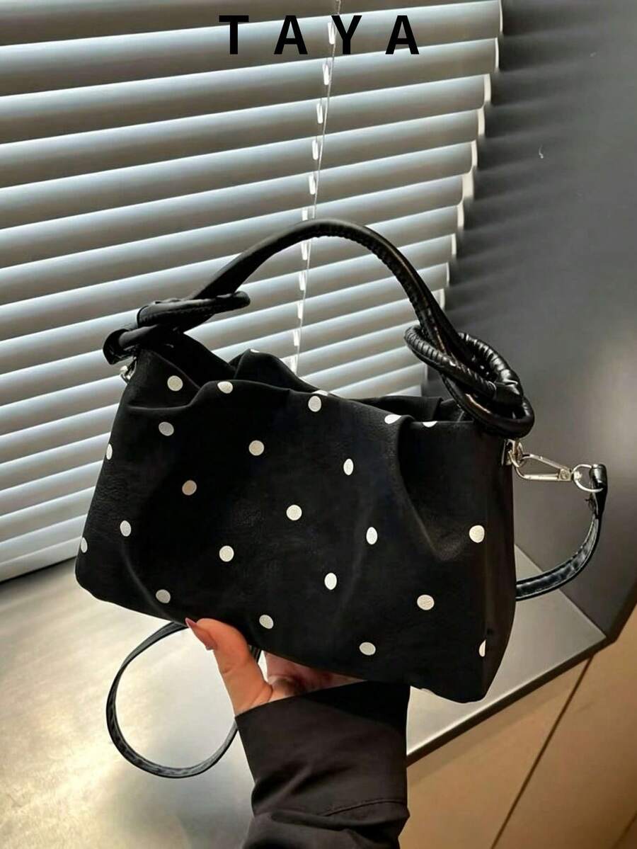 Women's Black Polka Dot Pattern Shoulder Bag, Fashion Faux Leather Crossbody Handbag, Adjustable Strap Daily Commute Tote