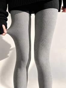 Light Gray Vertical Striped Textured Tights, High Elasticity Slimming, Korean Style Gentle Vibe, Autumn/Winter Commute Versatile Knit Leggings - Light Grey - View 1
