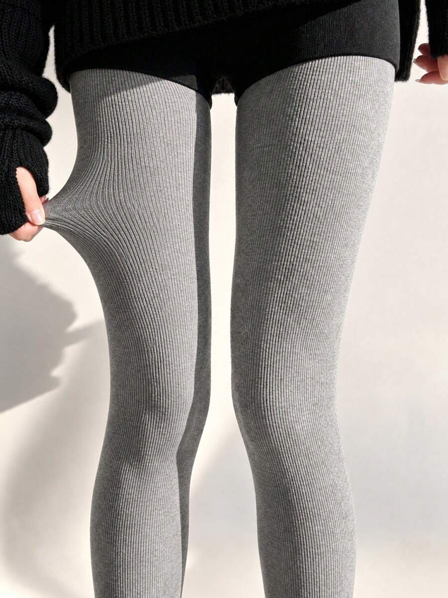 Light Gray Vertical Striped Textured Tights, High Elasticity Slimming, Korean Style Gentle Vibe, Autumn/Winter Commute Versatile Knit Leggings - Light Grey - View 1