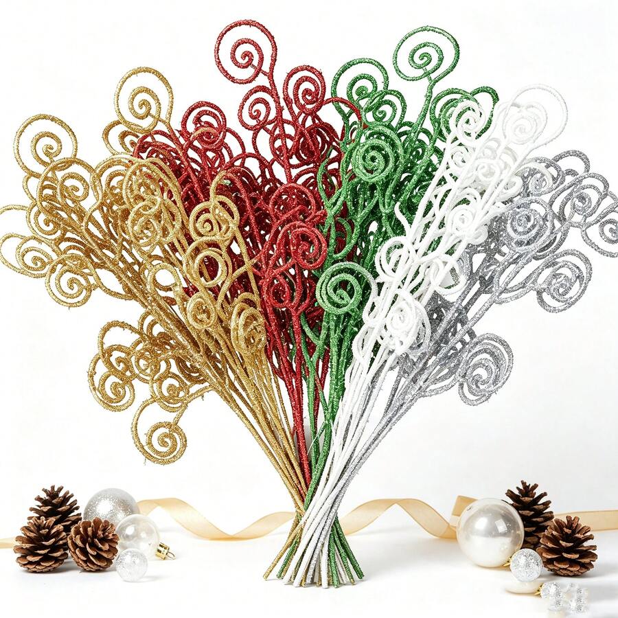 5pcs Christmas Curly Decorative Branches, Random Colors, Multicolor Glitter Floral Sprays, Christmas Tree Holiday Decor - Multicolor - View 1