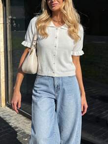 Women's Polo Collar Knit Top, Pearl Button Front Ruffle Trim Short Sleeve Cropped Knit Blouse, White - White - View 6