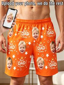 1pc Men's Customized Face Pattern & "Best Dad Ever" Print Black Casual Shorts, Personalized Comfortable Shorts, Father's Day Gift Holiday Present - Orange - View 1