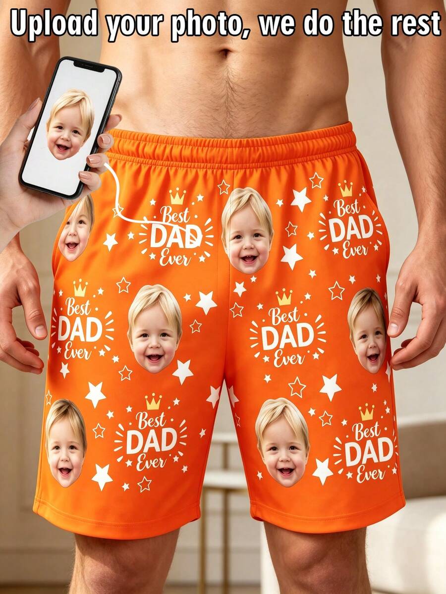 1pc Men's Customized Face Pattern & "Best Dad Ever" Print Black Casual Shorts, Personalized Comfortable Shorts, Father's Day Gift Holiday Present - Orange - View 1