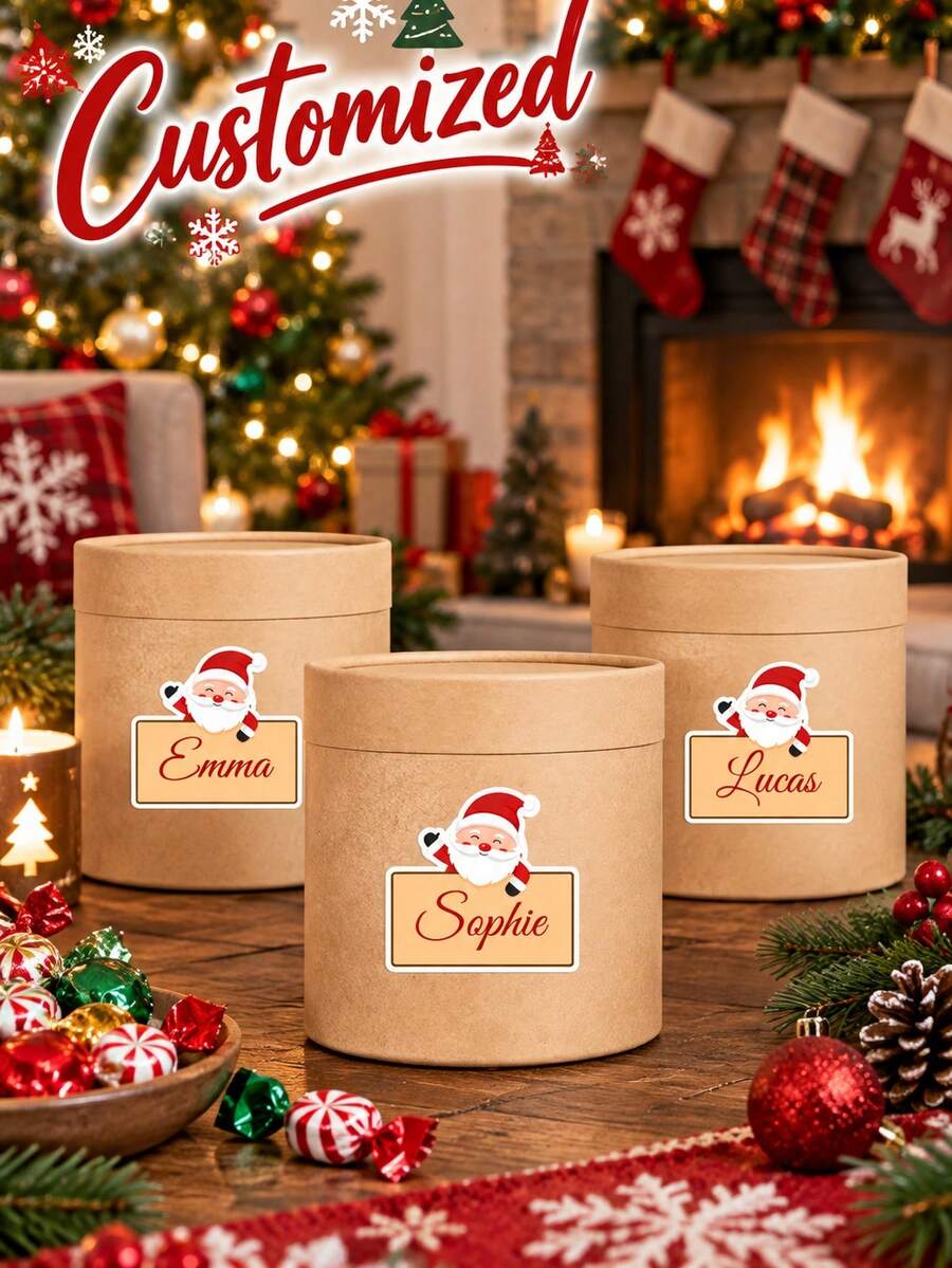 Customized Name Stickers Christmas Name Labels, Featuring Santa Claus Holding Sign Pattern, Holiday Gift Labels, Customizable Name Or Text, Self-Adhesive Paper, Office Labels, Suitable For Water Bottles, Laptops, Planners, School Supplies - Multicolor - View 1
