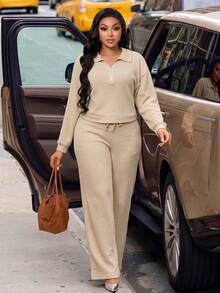 Plus Size Women's Waffle Knit 2 Pieces Set, Apricot Half-Zip Collared Long Sleeve Top + Drawstring Wide Leg Pants, Autumn Casual Street Style Outfit - Apricot - View 6