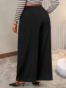 BIUBIU Elegant Plus Size Wide Leg Trousers For Women, Black Woven Fabric Pants With Pockets, Long Length, Non-Stretch For Fall Outfits,Casual Or Office Wear - Black - View 4