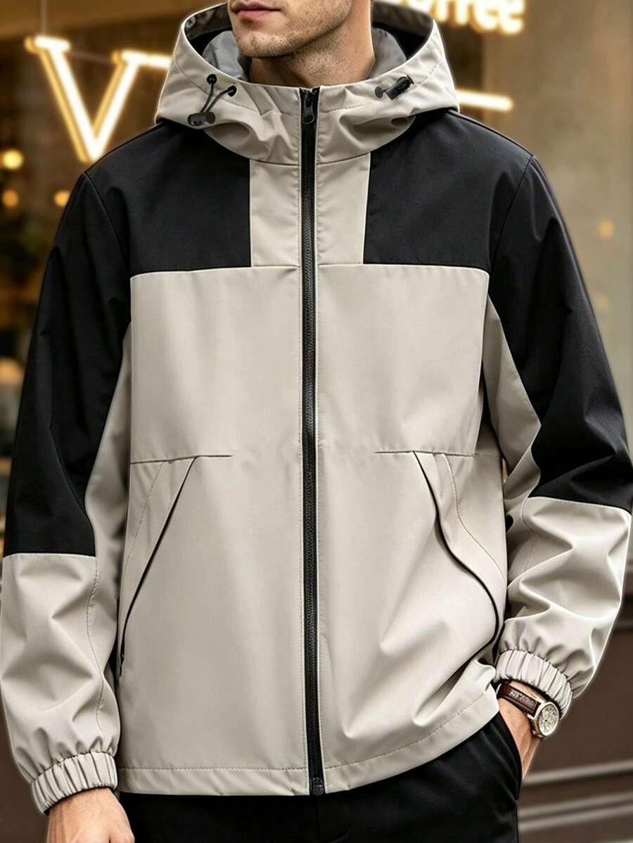 Chaqueta con capucha y cremallera delantera de bloques de color para hombre talla grande primavera/otoño - Gris - Ver 1