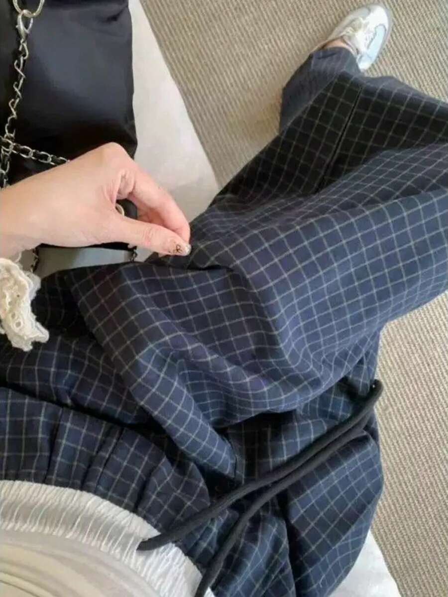 Hasbro 1pcWomen's Vintage Navy Plaid Casual Pants, New Spring Loose Straight Wide-Leg Trousers - Rectangle - View 1