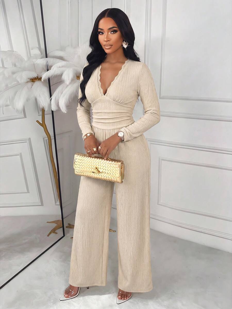 Women's Elegant Knitted Long Sleeve Wide Leg Jumpsuit With Deep V Neck Contrast Lace Detail, Perfect For Fall Outfits - Apricot - View 1
