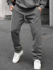 American Men Grey Hoodie And Straight Pants Set, Solid Loose Daily 2 Pieces Outfit - Dark Grey - View 5