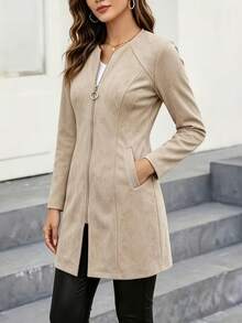 Vintage Elegant Autumn/Winter Women's New Long Sleeve Mid-Length Jacket, Minimalist High-End, Suitable For Daily Commute Wear - Apricot - View 1