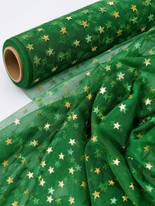 1pc Green Star Glitter Tulle Fabric, Transparent Mesh With Gold Metallic Star Print, Lightweight Shiny Polyester Tulle, Suitable For Holiday Party Decoration, Christmas Backdrop, Gift Wrapping, Ballet Tutu, Bow Handmade And DIY Sewing Projects - Multicolor - View 2