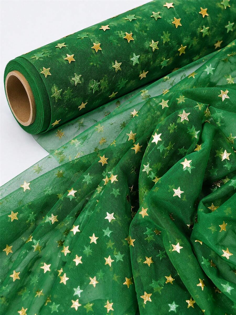 1pc Green Star Glitter Tulle Fabric, Transparent Mesh With Gold Metallic Star Print, Lightweight Shiny Polyester Tulle, Suitable For Holiday Party Decoration, Christmas Backdrop, Gift Wrapping, Ballet Tutu, Bow Handmade And DIY Sewing Projects