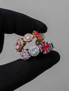 2Pcs Women's Luxury Fashion Cross Colorful Copper Zirconia Rings, Cute Multi-Element Rings, Women's Halloween Wear Outfit Commute Jewelry Accessories - Ring Set F - View 1
