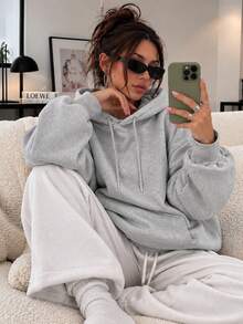 Áo nỉ chui đầu unisex dáng rộng lót lông cừu, dễ phối đồ, có túi và dây rút, tay dài, phong cách Ins thể thao - Xám - Xem 3