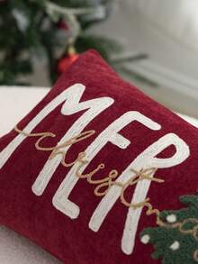1pc Christmas Red MERRY Embroidered Pillowcase, Christmas Tree Pillowcase, Suitable For Indoor Decoration, Christmas Decoration, All Season Pillowcase, Without Insert - Red - View 5