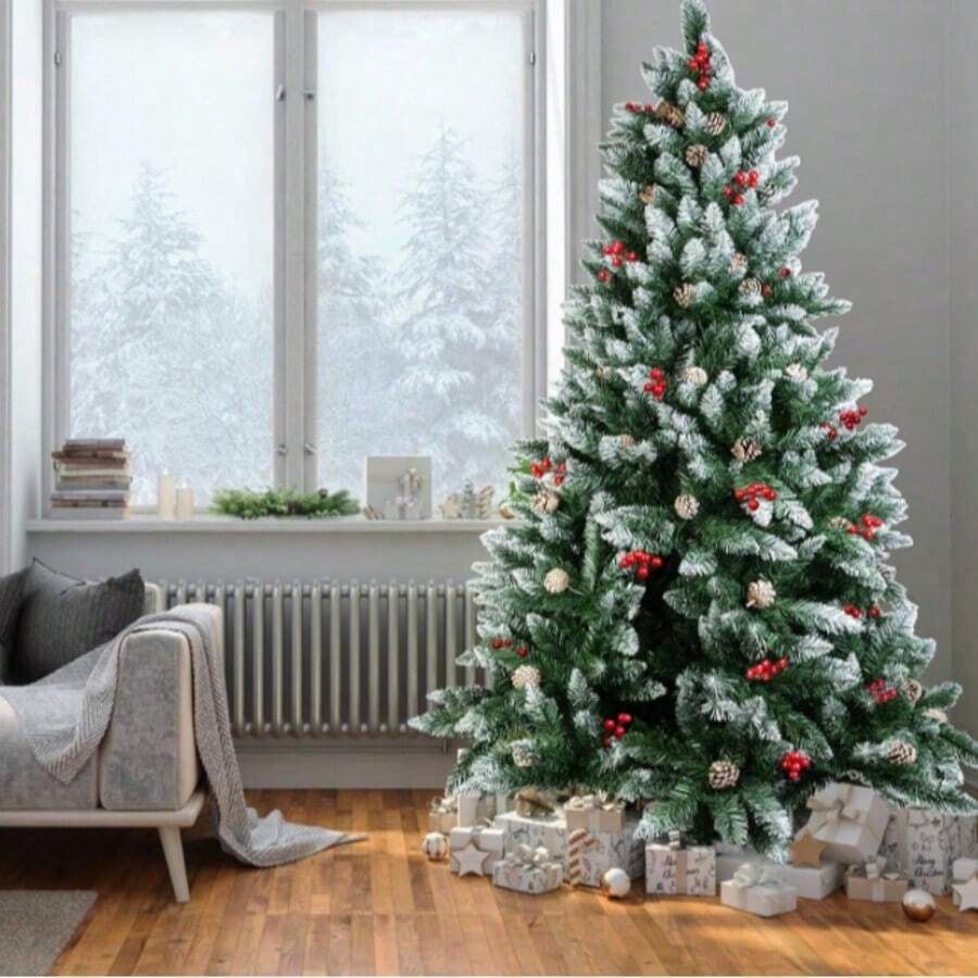 Artificial Christmas Tree For Home Decor, Featuring Snow-Flocked Foliage Accented With Pine Cones And Bright Red Berries; Suitable For Living Rooms, Shop Window Displays, And Photography Backdrops. - Green - View 1