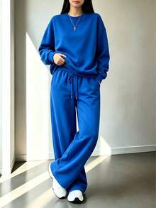 2pcs Falloutfits Women's Sports Set, Fashionable And Comfortable Colorblock Jacket And Casual Pants, Suitable For Autumn/Winter Wear - Blue - View 2