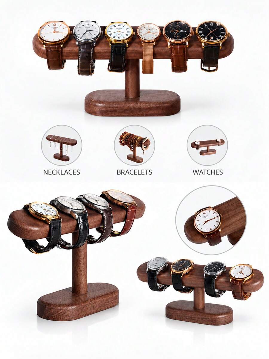 2/1pc Wooden Watch Display Stand, T-Shaped Bracelet And Jewelry Organizer, Desktop Watch Storage Rack, Unisex Necklace Display Stand, Suitable For Bedroom Vanity, Retail Store, Jewelry Shop, Home Decor And Gift - View 1
