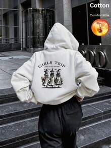 Women's Autumn/Winter Hooded Sweatshirt, Witch Graphic And "GIRLS TRIP TIME TO GET WICKED" Text, Loose Fit, Long Sleeve Pullover, Y2K Style - White - View 1