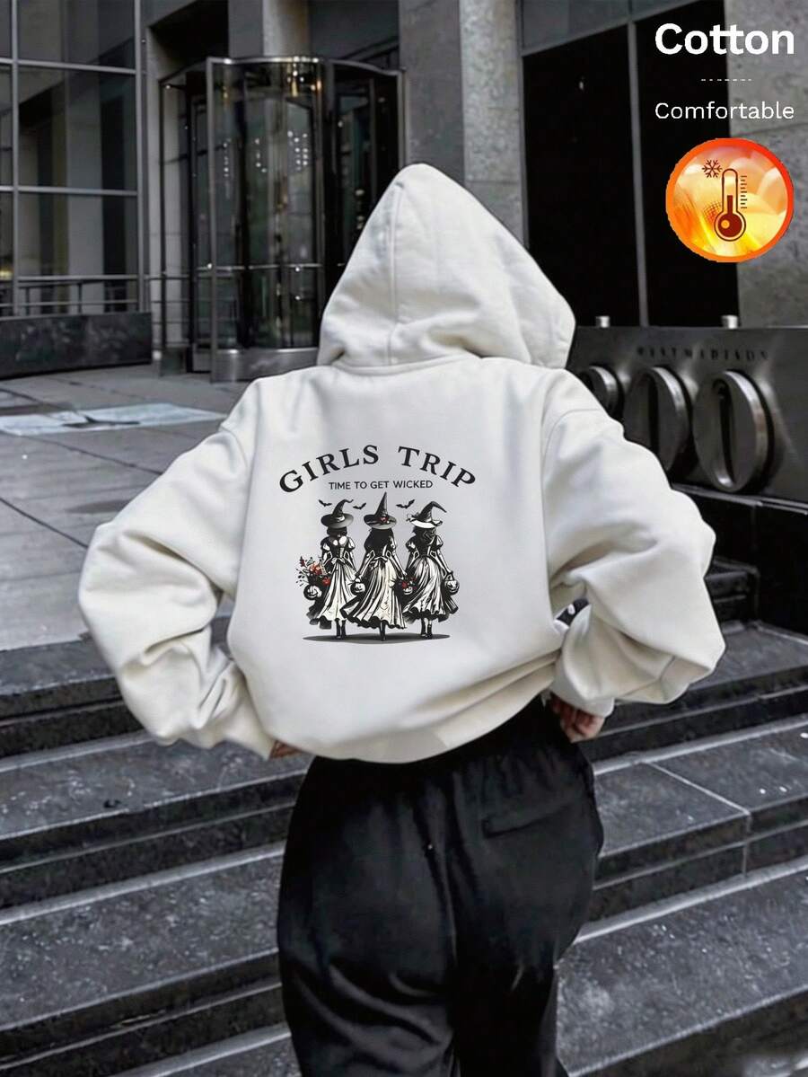 Women's Autumn/Winter Hooded Sweatshirt, Witch Graphic And "GIRLS TRIP TIME TO GET WICKED" Text, Loose Fit, Long Sleeve Pullover, Y2K Style - White - View 1