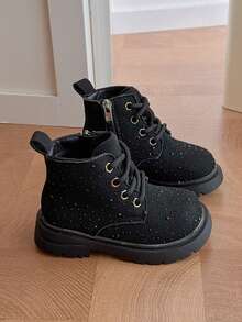 New Kids Shiny Rhinestone Boots, Autumn/Winter Girls Casual Ankle Boots With Side Zipper, Easy On/Off, Non-Slip - Black - View 2