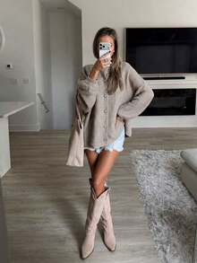 FOR BEAUTY Women's Autumn/Winter Cardigan Y2K Fashion Khaki Round Neck Front Button Knit Jacket Basic Business Casual Commute Outerwear Set - Khaki - View 2