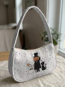 1pc Halloween Theme Print Corduroy Shoulder Bag, Underarm Bag, Large Capacity Storage, Zip Closure Y2K Baguette Handbag For Daily Travel Gift - Multicolor - View 10