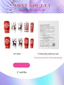 Christmas 24pcs Medium Square Press-On Nails, Featuring Snowflake, Deer, Heart, Christmas Sweater Pattern Design, Acrylic Material, Includes 1 Jelly Glue And 1 Nail File, Suitable For Autumn/Winter Christmas Use - Multicolor - View 7