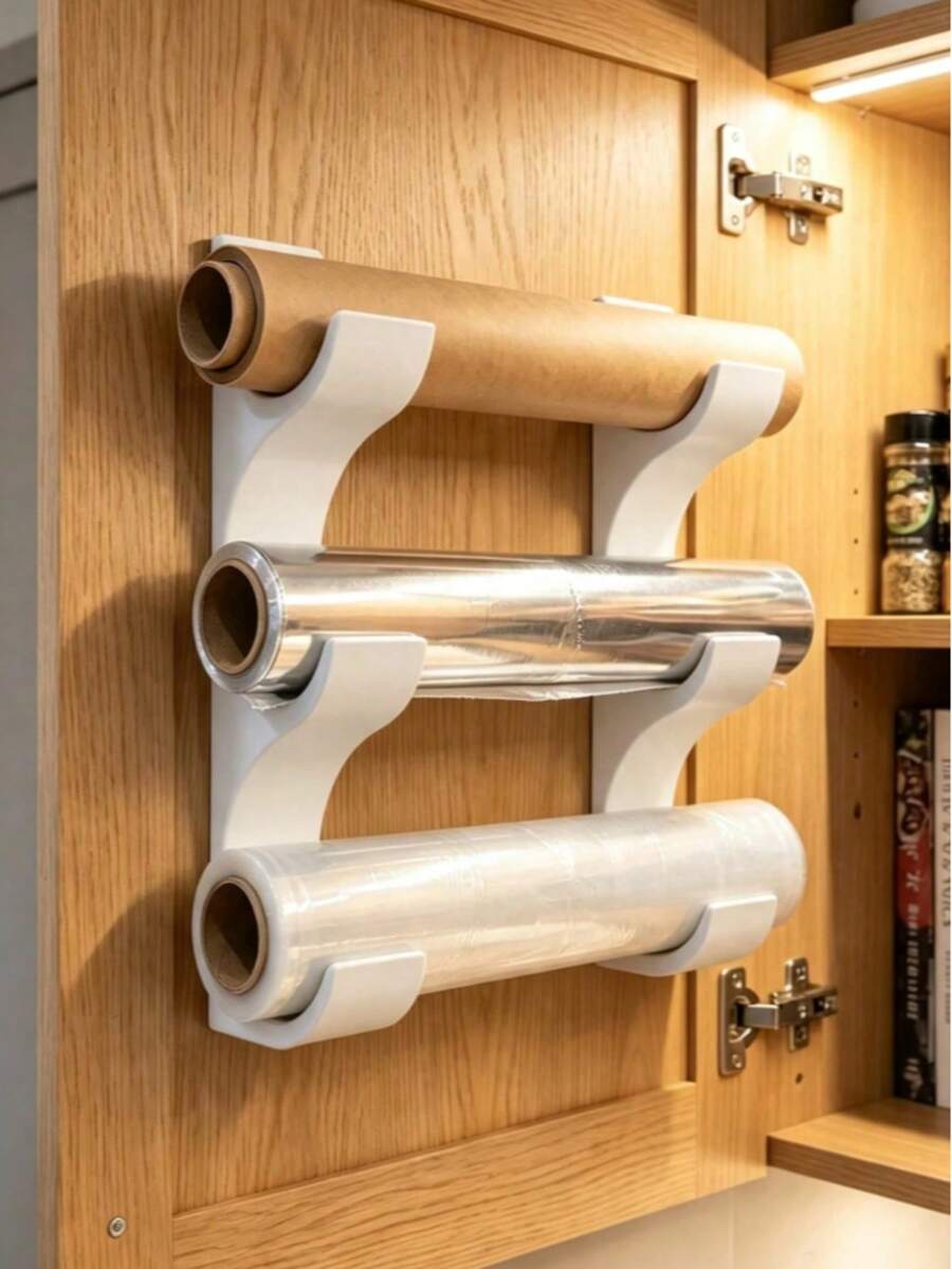 2pcs Wall-Mounted Kitchen Paper/Plastic Wrap/Aluminum Foil Roll Holder, Holds 3 Rolls, Fits Rolls Up To 50mm Diameter, Space-Saving, No-Drill Installation, Keeps Kitchen Organized, Suitable For Cabinet Doors And Tiles, No Surface Damage