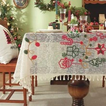 1pc Vintage Christmas Holiday Embroidered Rectangular Tablecloth, Festive Atmosphere Tabletop Dust-Proof Decoration, Suitable For Christmas Family Gathering Scenes - Christmas Gift - View 2