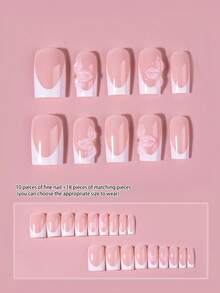 28pcs Y2K Medium Square White French Press-On Nails With 3D Gel Flowers, Rhinestones And Gold Pearl Design, Autumn Full Coverage Acrylic Fake Nails Set, Includes 1pc Jelly Glue And 1pc Nail File, Suitable For Girls Daily And Party Use - Multicolor - View 2