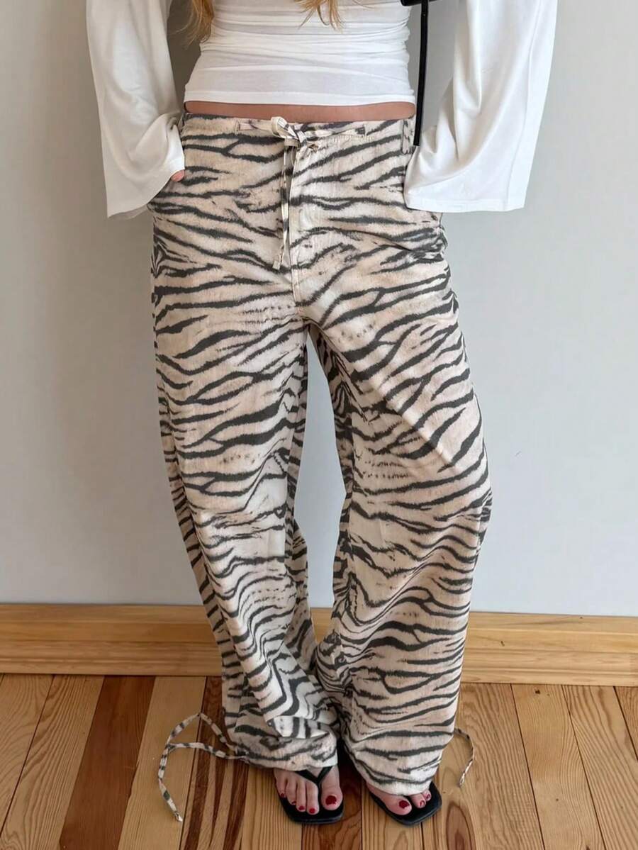 2026 New Zebra Print Woven Fabric Drawstring Waist Women's Long Pants - Light Khaki - View 1