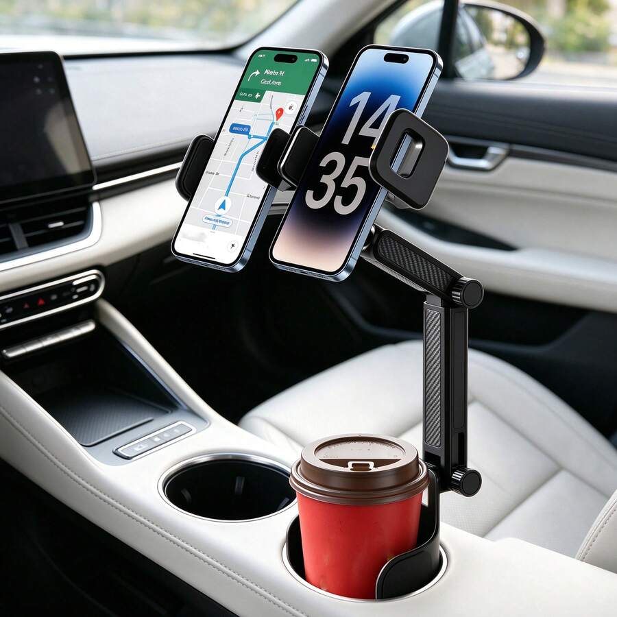 2‑In‑1 Dual Device Car Cup Holder Mount, Multi‑Angle Adjustable Tablet & Phone Bracket With Free Switch Portrait Landscape, Expandable Arm Fits 4–12 Inch Smartphones Tablets, Stable Cup Base Holder For Car SUV GPS Navigation - A - View 1