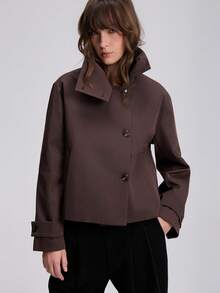 Old Money Style Vintage Minimalist Stand Collar Trench Coat Jacket Suitable For Autumn/Winter - Brown - View 8