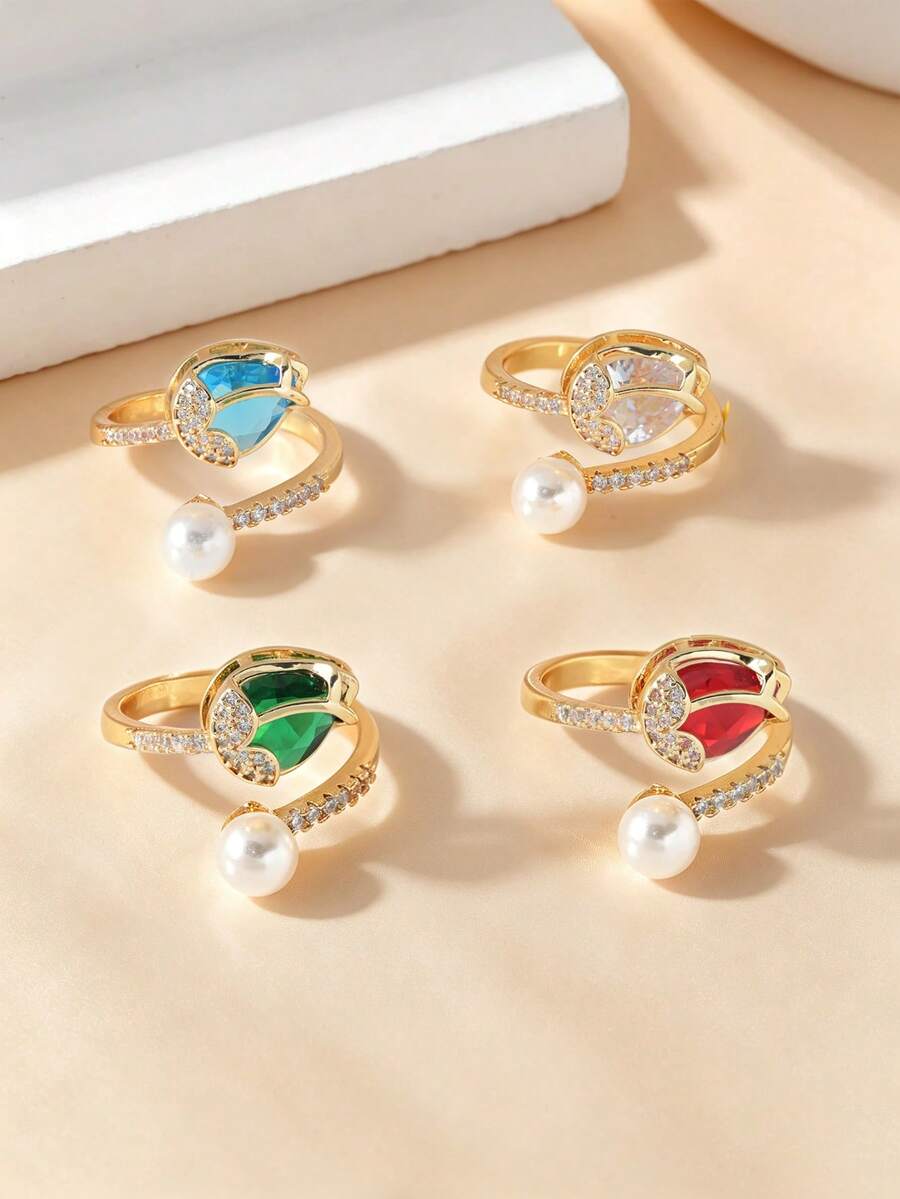 A Stylish Niche Tulip Pearl Teardrop Zirconia Design Women's Ring,Adjustable Open Luxury Ring For Daily Party Banquet Wear,As Gift For Friend/Family - Tulip - View 1