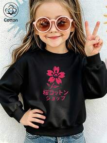 Kids Crewneck Sweatshirt With Pink Floral Print & Japanese Text, Black Long Sleeve Pullover For Children - Black - View 3