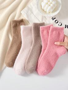 3 Pasang Kaos Kaki Panjang Selutut Elegan Warna Polos Berbulu Lembut untuk Wanita, Nyaman dan Hangat - MultiWarna - View 6