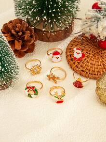 7pcs Christmas Cartoon Oil Drop Ring Set, Santa Claus, Reindeer, Snowflake, Christmas Tree Gold Open Finger Rings, Women's Holiday Jewelry - Multicolor - View 4