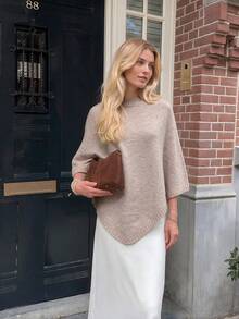 GLAMMY Autumn/Winter Commute Daily Cute Casual Khaki Cape Knit Top For Women, Asymmetrical Hem Fall - Khaki - View 2