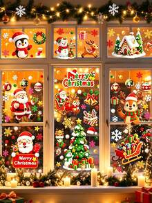 1pc Christmas Decoration Sticker, Cartoon Santa Claus, Penguin, Snowman, Reindeer, Snowflake Static Glass Decal, Door Sticker, Removable Without Glue, Suitable For Mall, Store, Home Door And Window Holiday Decoration, Christmas Window Sticker, Holiday Atmosphere Decor - A - View 1